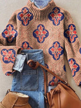 Women's Vintage Lovely Floral Art Print Knit Turtleneck Pullover Sweater